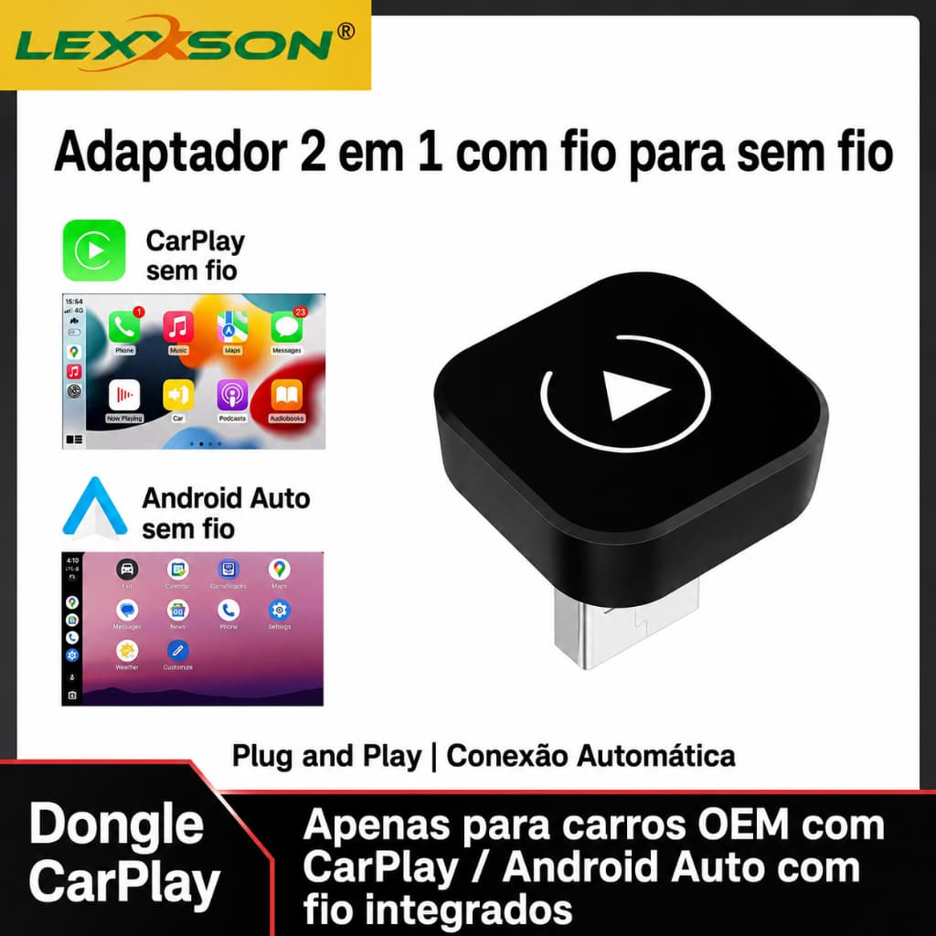 Adaptador CarPlay e Android Auto Sem Fio – Conexão Automática, Compacto e Fácil de Usar