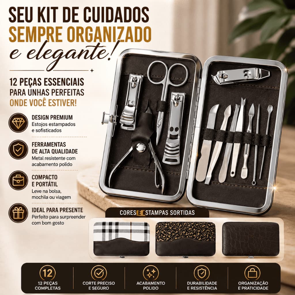 Kit Manicure Completo 12 Peças Com Estojo Luxo Kit 7 / 8 / 12 / 16 Cortador De Unha Manicure Portatil Estojo Pinca Tesou