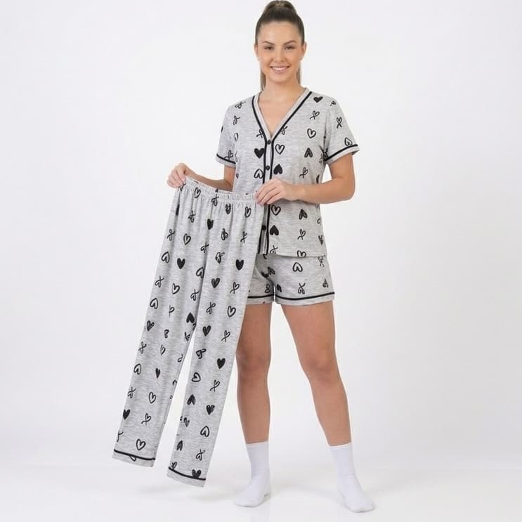 Kit 3 Peças Pijama Feminino Americano Camisa Botões+ Calça + Short Gola V Conforto Malha Amamentação