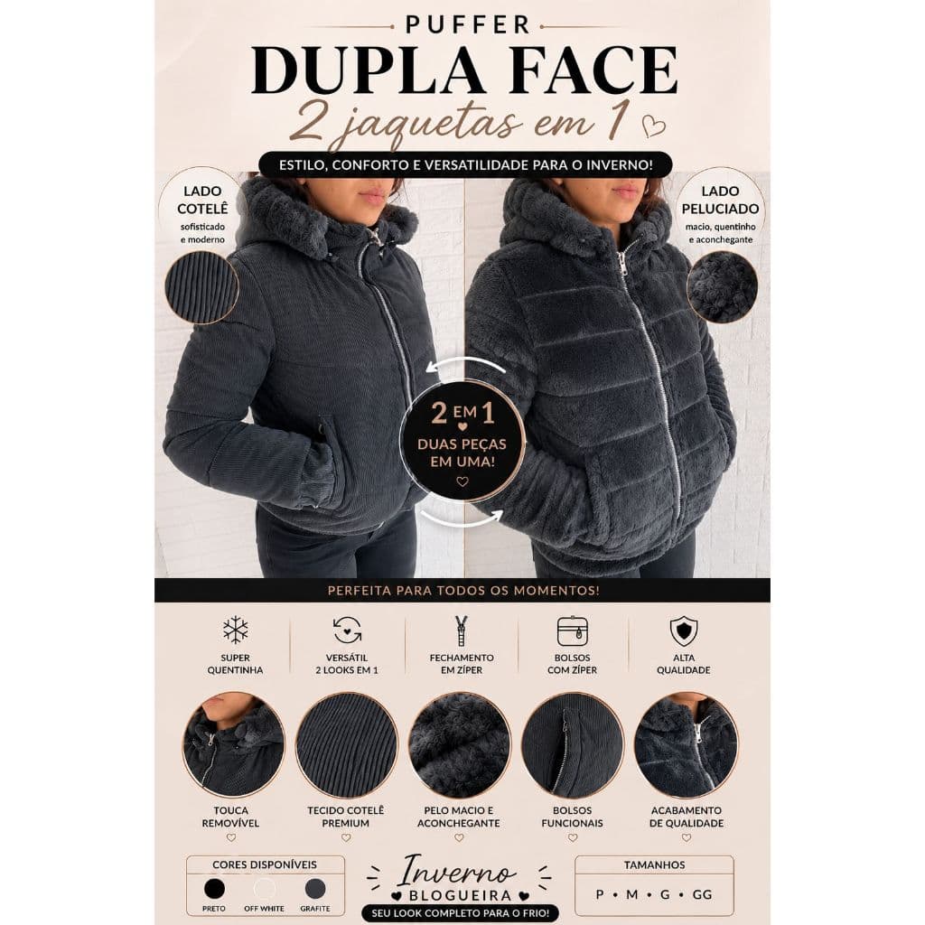 Jaqueta Puffer Blusa de Frio Feminina Cotelezinha Dupla Face Inverno Blogueira