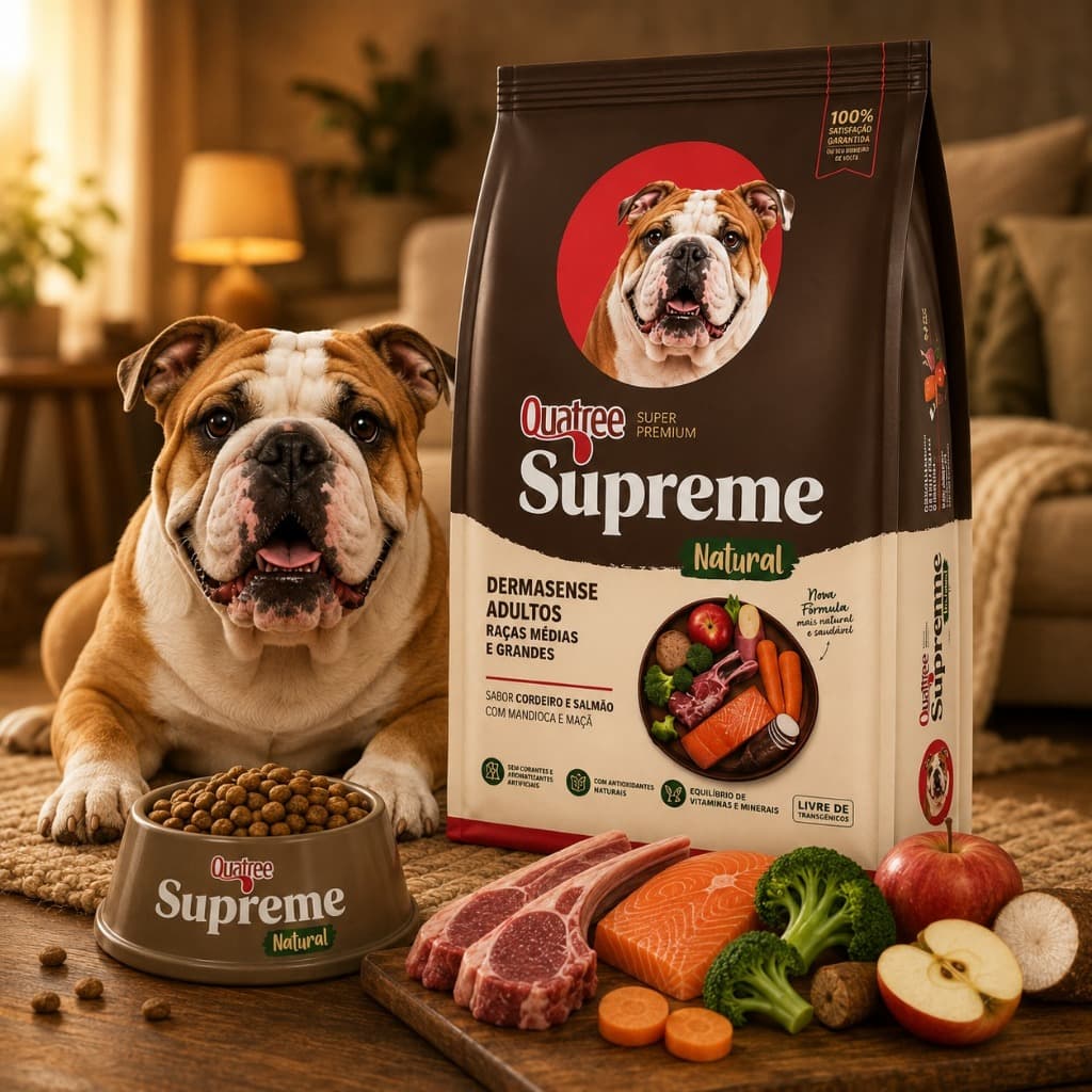 Racao Quatree Supreme Caes Adultos Dermato e Dermasense Racas Medias Grandes Salmao Cordeiro 15KG