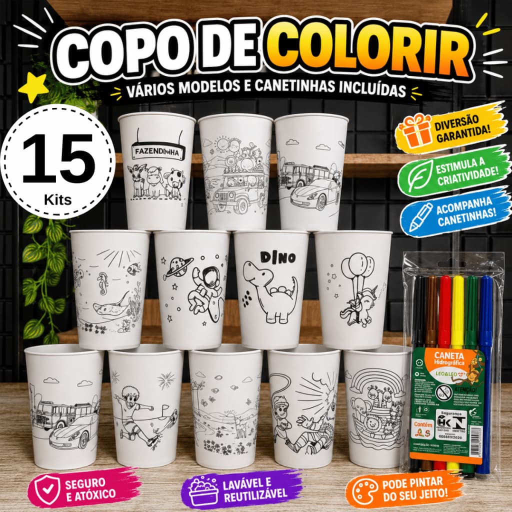 Copo de Colorir + Canetinha 15 Kits Várias Estampas Copo Lembrancinha Aniversário Festas Crianças.