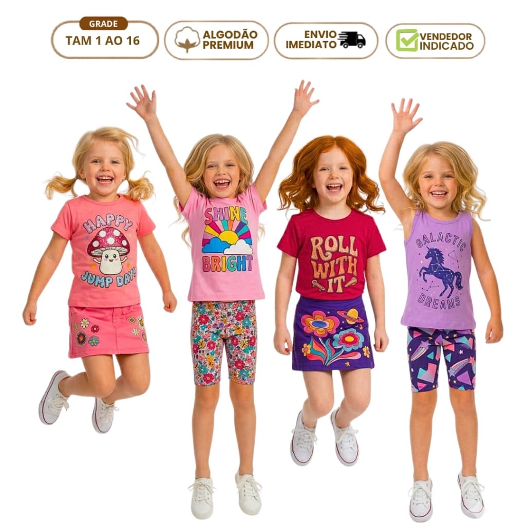 Kit 10 peças Roupa Infantil Feminino Algodão Premium Conjunto Menina Verão Atacado 5 Camiseta 5 Shor