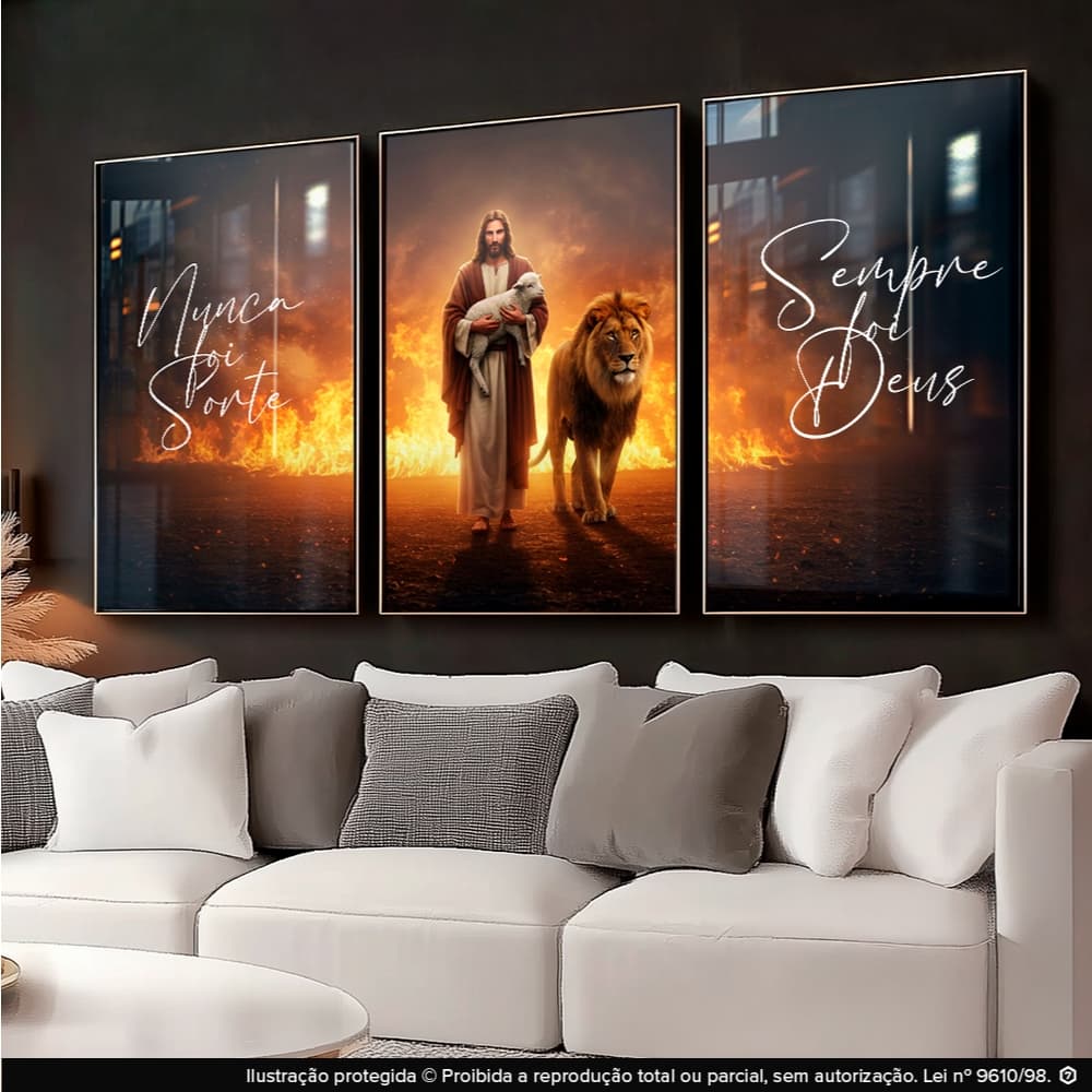 Quadros Decorativos Trio Nunca Fois Sorte Sempre Foi Deus Cristão Jesus Leão de Judá