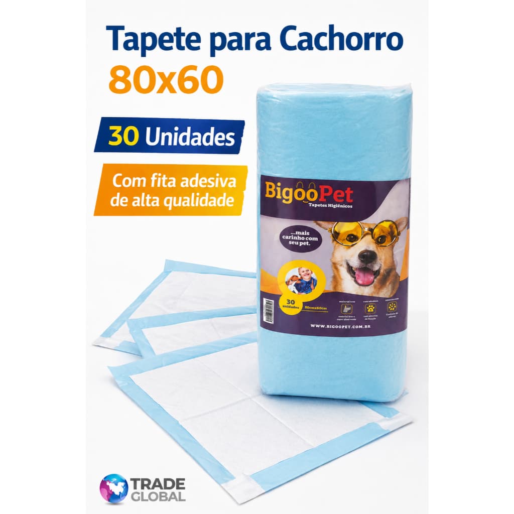 TAPETE HIGIÊNICO DE ALTA ABSORÇÃO PARA CÃES BIGOOPET COM 5 CAMADAS E FITA 80X60 COM 30 UNIDADES.