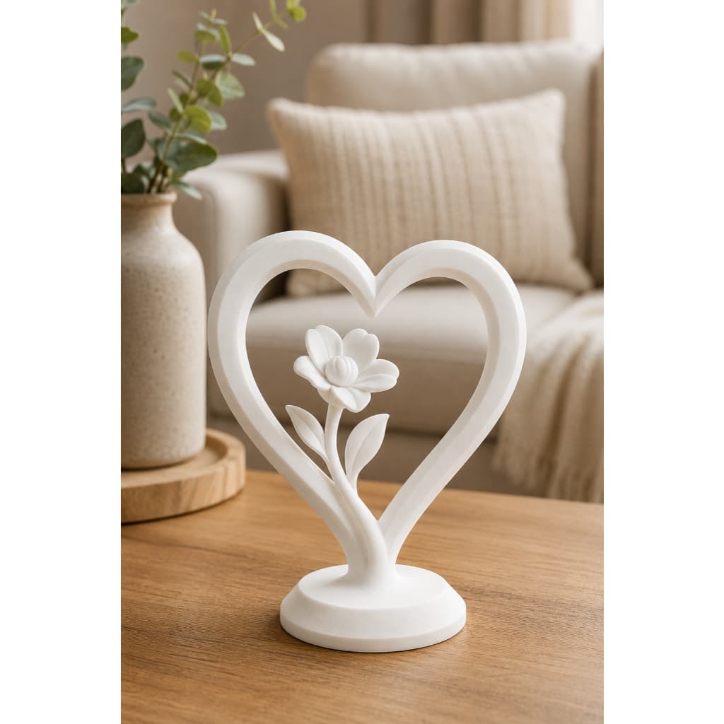 Vaso Heart And Flower Escultura Decorativa Coração Branca Mesa Sala Namorador Amor