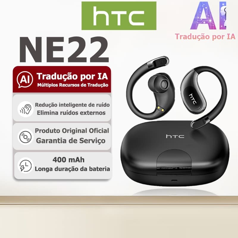 Fone TWS HTC NE22 com tradução por IA e tradução em tempo real, Bluetooth 6.0, qualidade de som HiFi, resistência à água