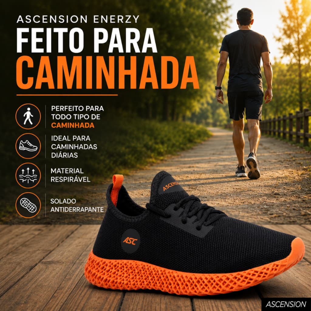 Tênis Masculino Para Homem Para Caminhada Maratona Esportivo Ascension Enerzy - Preto e Laranja