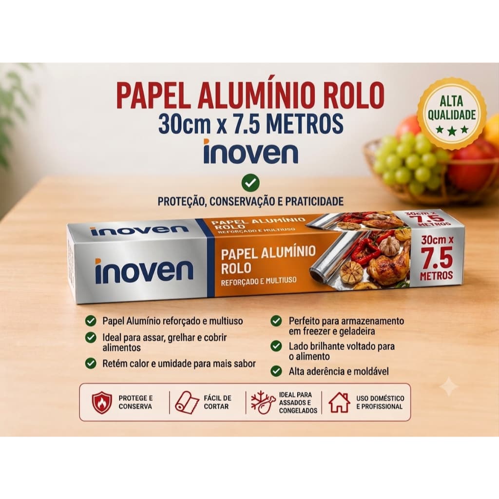 Papel Alumínio Rolo 30cm x 7,5 Metros Inoven – Proteção, Conservação e Praticidade