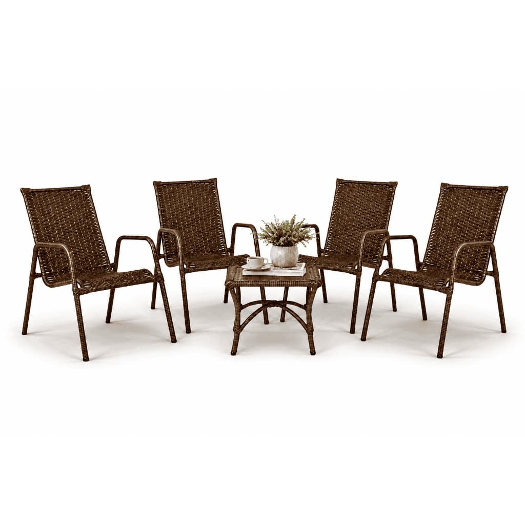 Conjunto Kit 4 Cadeiras Junco + Mesinha Fibra Sintética Jardim Varanda Área Externa Piscina Churrasco Area  Externa