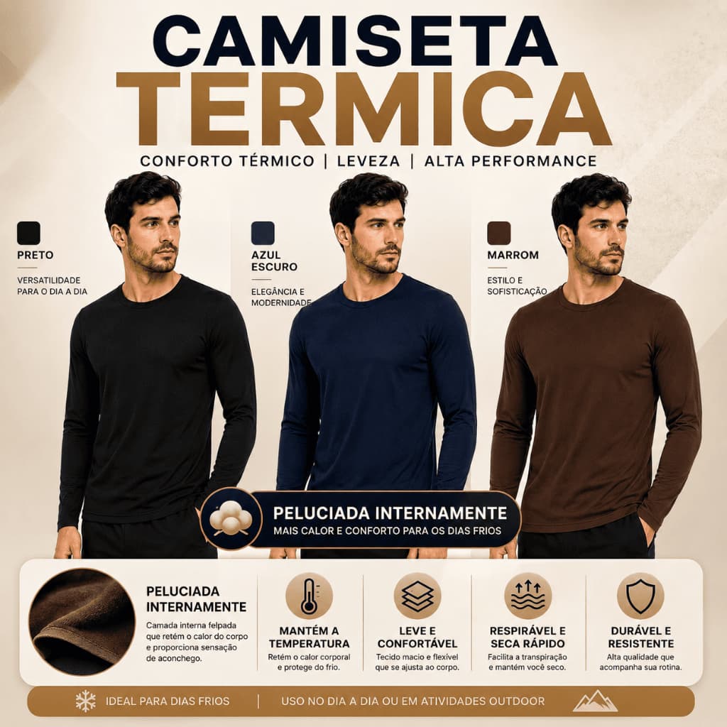 CAMISETA TÉRMICA PELUCIADA | MASCULINA | SEGUNDA PELE | QUALIDADE PREMIUM