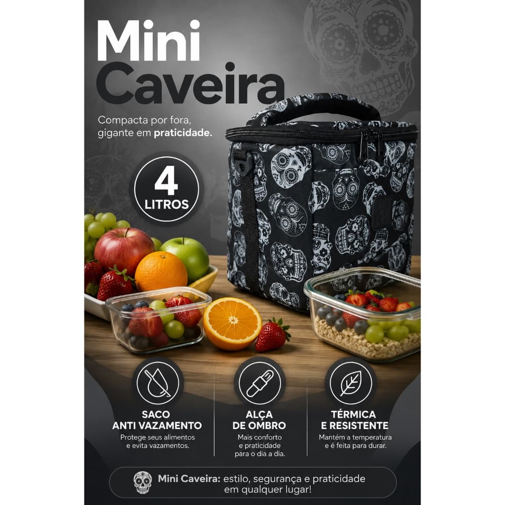 Bolsa Térmica Fitness Impermeável Lancheira Marmiteira Estampa Caveira