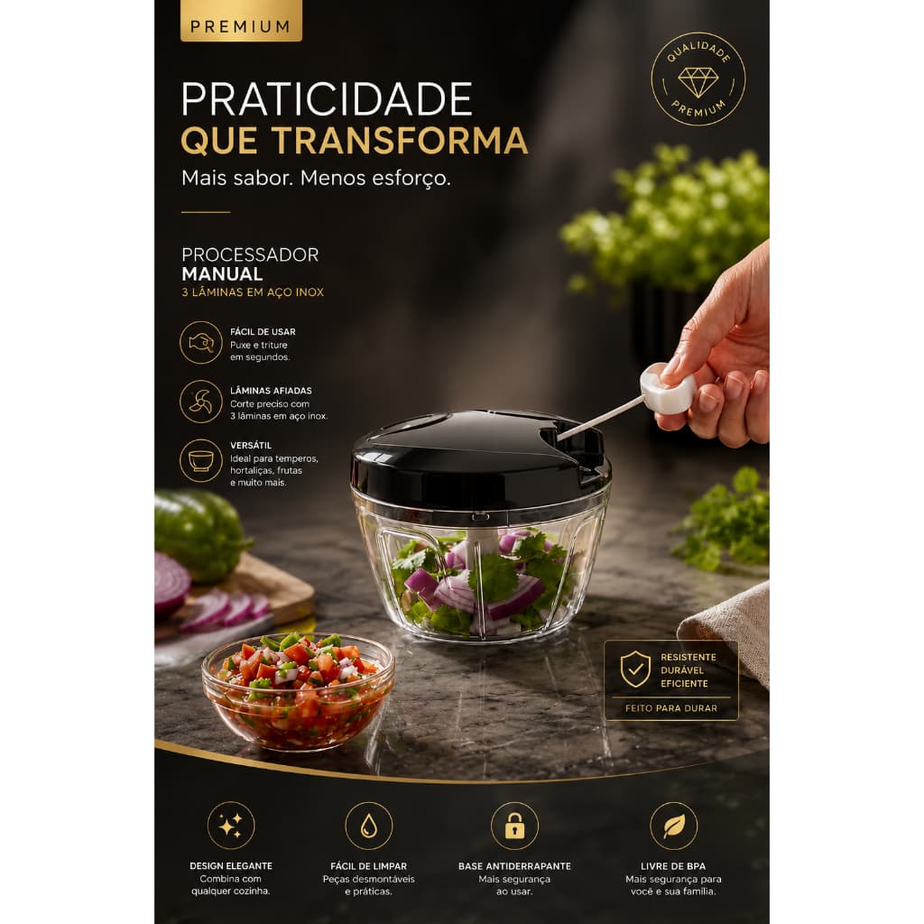 Mini Processador Manual Triturador De Alimentos 3 Lâminas Inox
