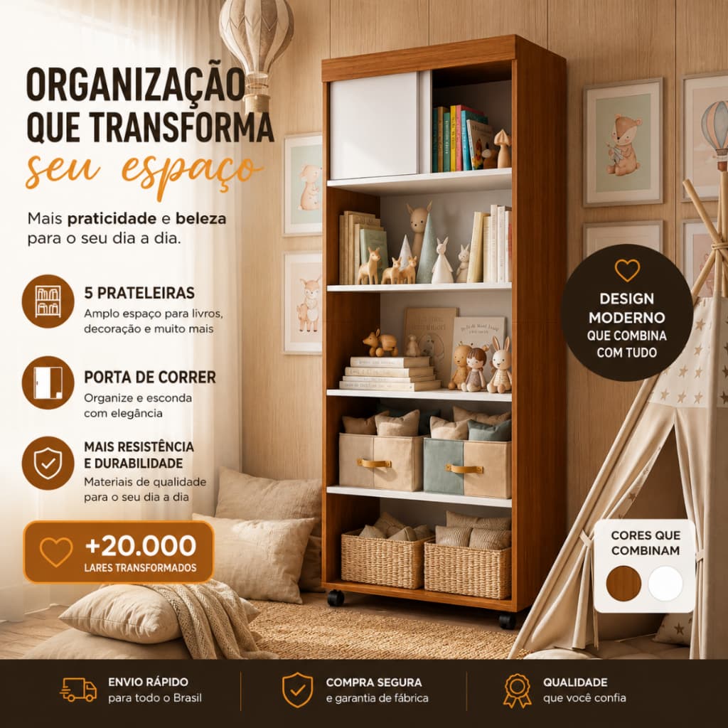 Estante Organizador Livreiro Prateleira Para Sala Quarto Escritório Londres Portas - Nature/Branco