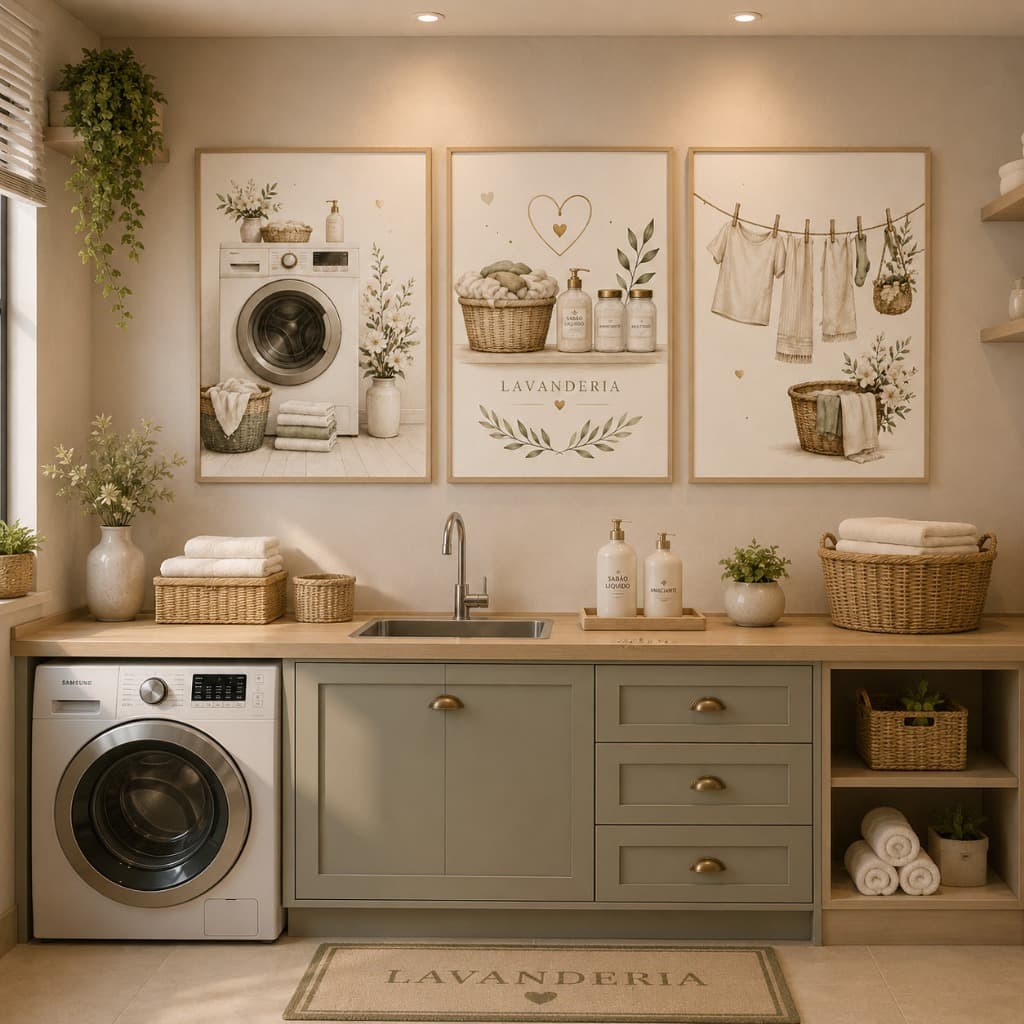Kit 3 Quadros Decorativos Lavanderia Minimalista Clean Bege Moderno Elegante Para Área de Serviço