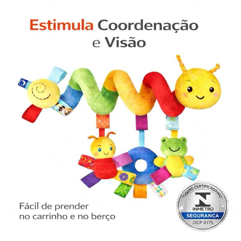 Lagarta Pelúcia Espiral Móbile para Carrinho e Berço Bebê Conforto – Brinquedo Sensorial Educativo