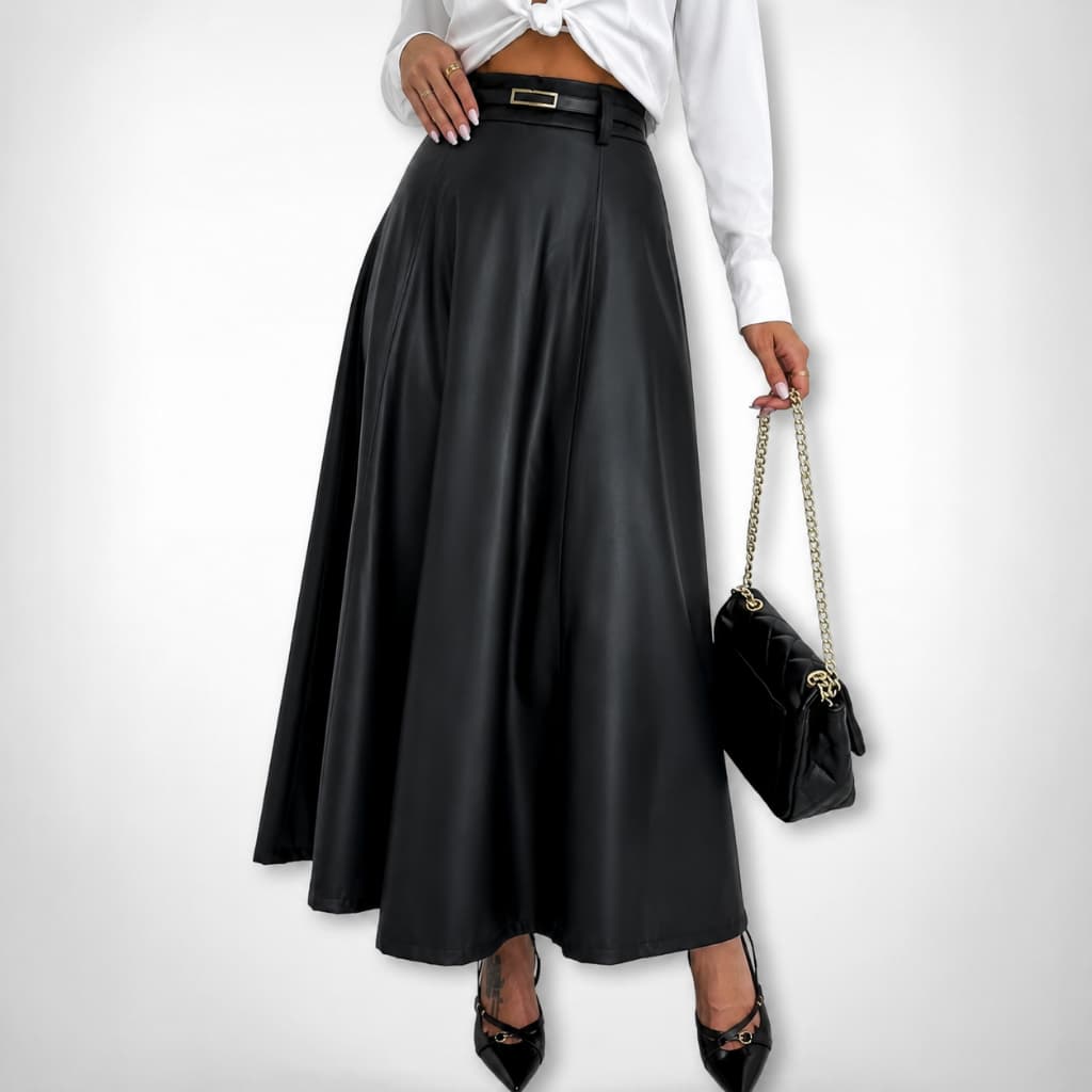 Saia Longa Midi Couro Ecologico Feminina Cintura Alta Moda