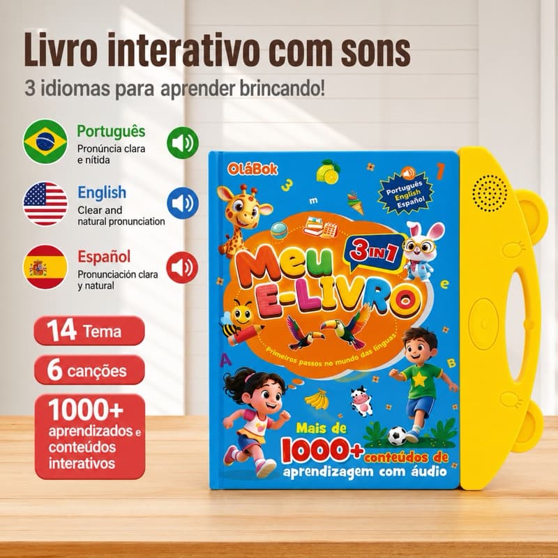 Livro Interativo com Som - Aprendizagem Bilíngue Português/Inglês/Espanhol - Touch & Sound - Multitemas