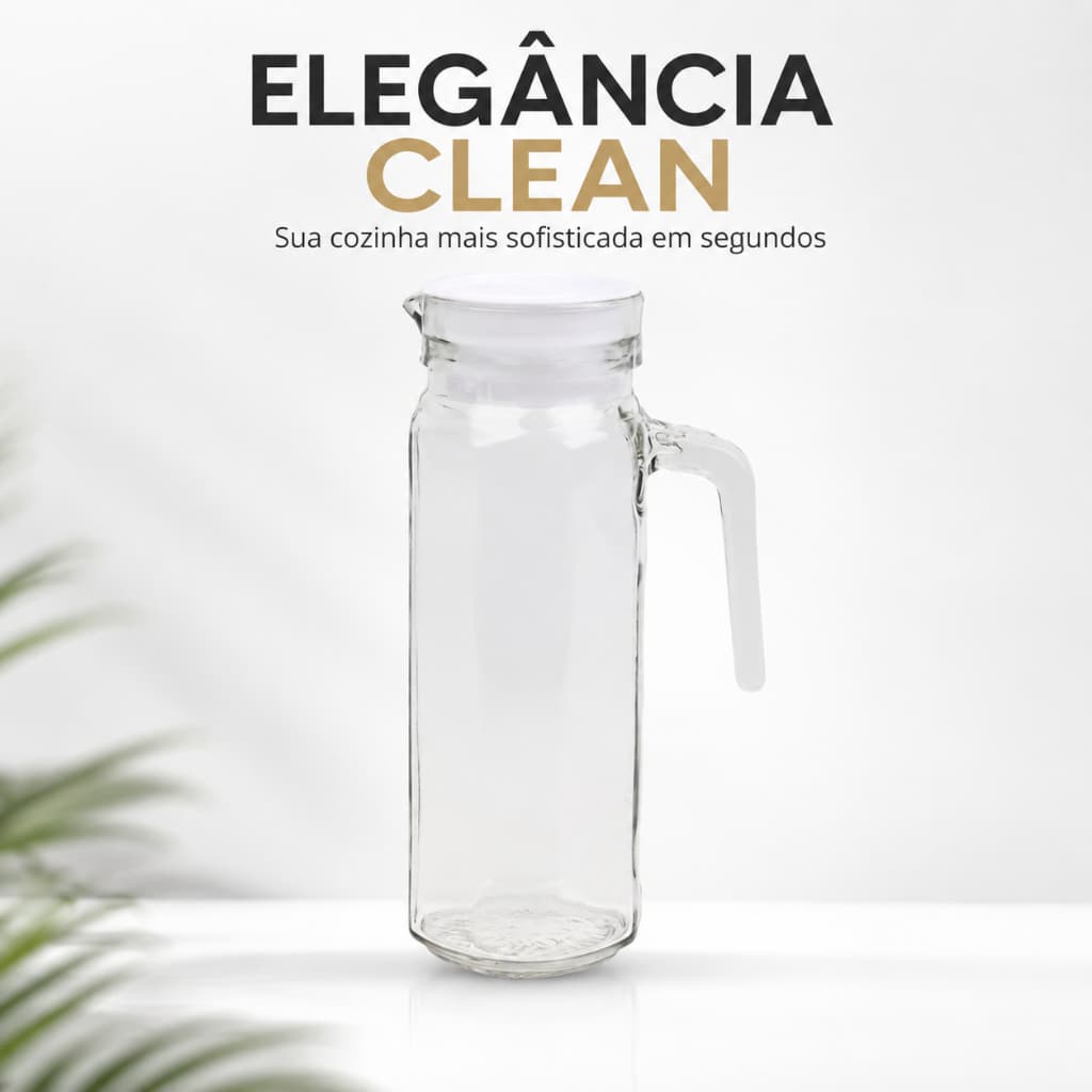 Jarra de Vidro 1 Litro Slim Clean com Tampa Alça e Bico Anti Respingo para Geladeira