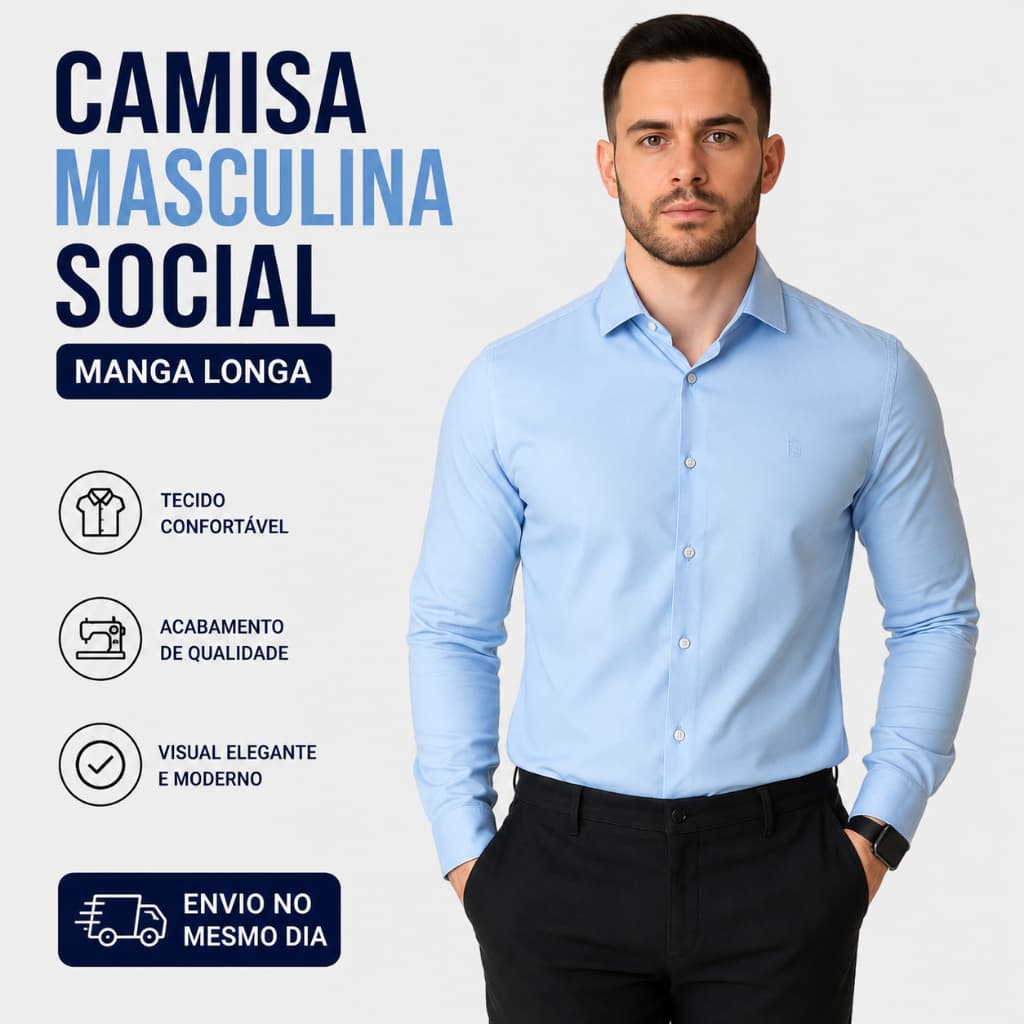 Camisa Masculina Social Slim Fit Luxo Manga Longa Premium de Botão