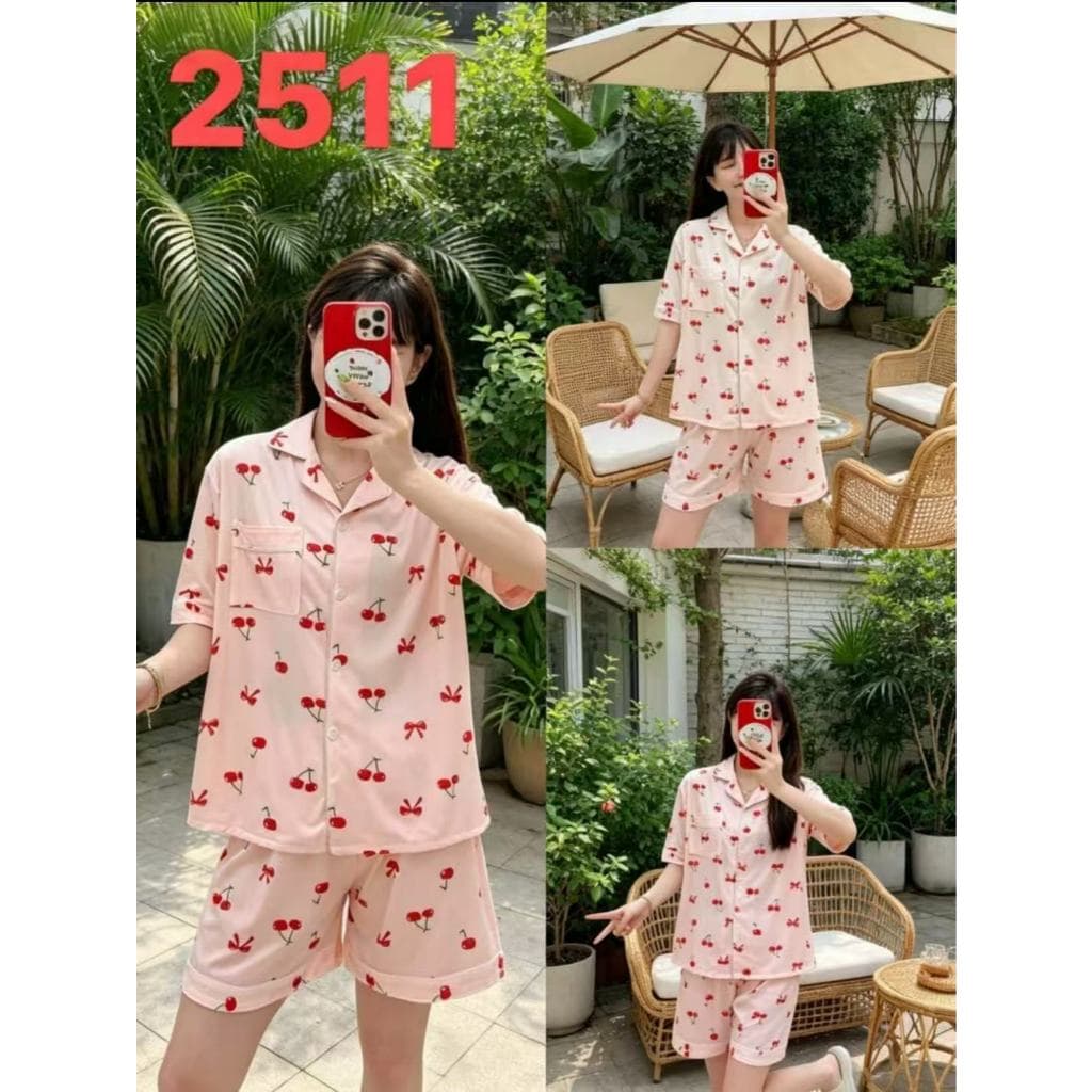 Pijama Feminino Curto Verão Estampa Cereja Conjunto Manga Curta e Short Confortável 2511