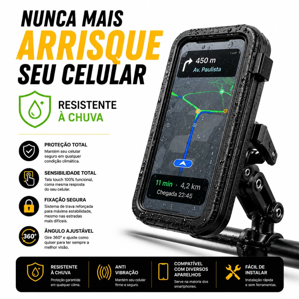 Suporte Celular Moto Impermeável Universal GPS Touch 360° Prova D’Água