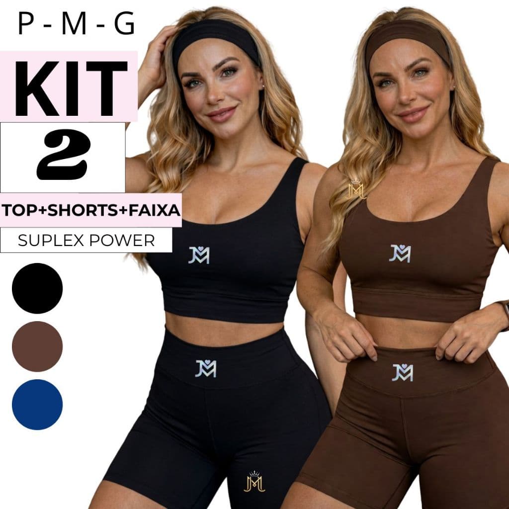 Kit 2 Conjunto Fitness Feminino Short Top Cropped e Faixa Academia Treino Suplex Gramatura 350