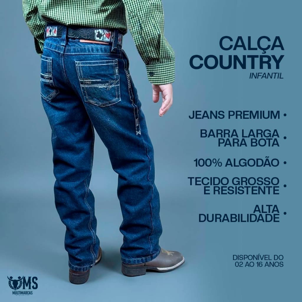 Calça Infantil Jeans Country Cowboy Menino Rodeio Jeans Grosso Para Bota 2 a 16