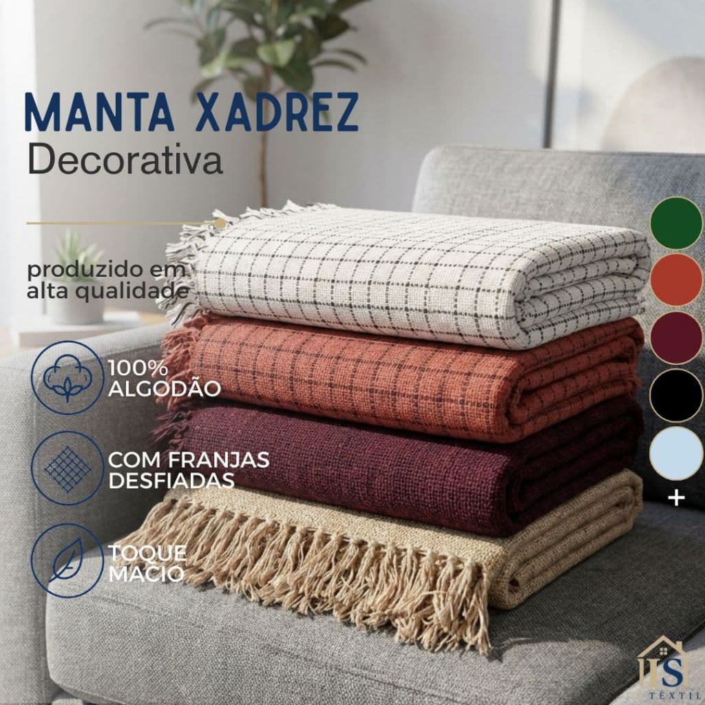Manta Xadrez Decorativa Para Sofá 2,20x1,60m 100% Algodão Com Franjas