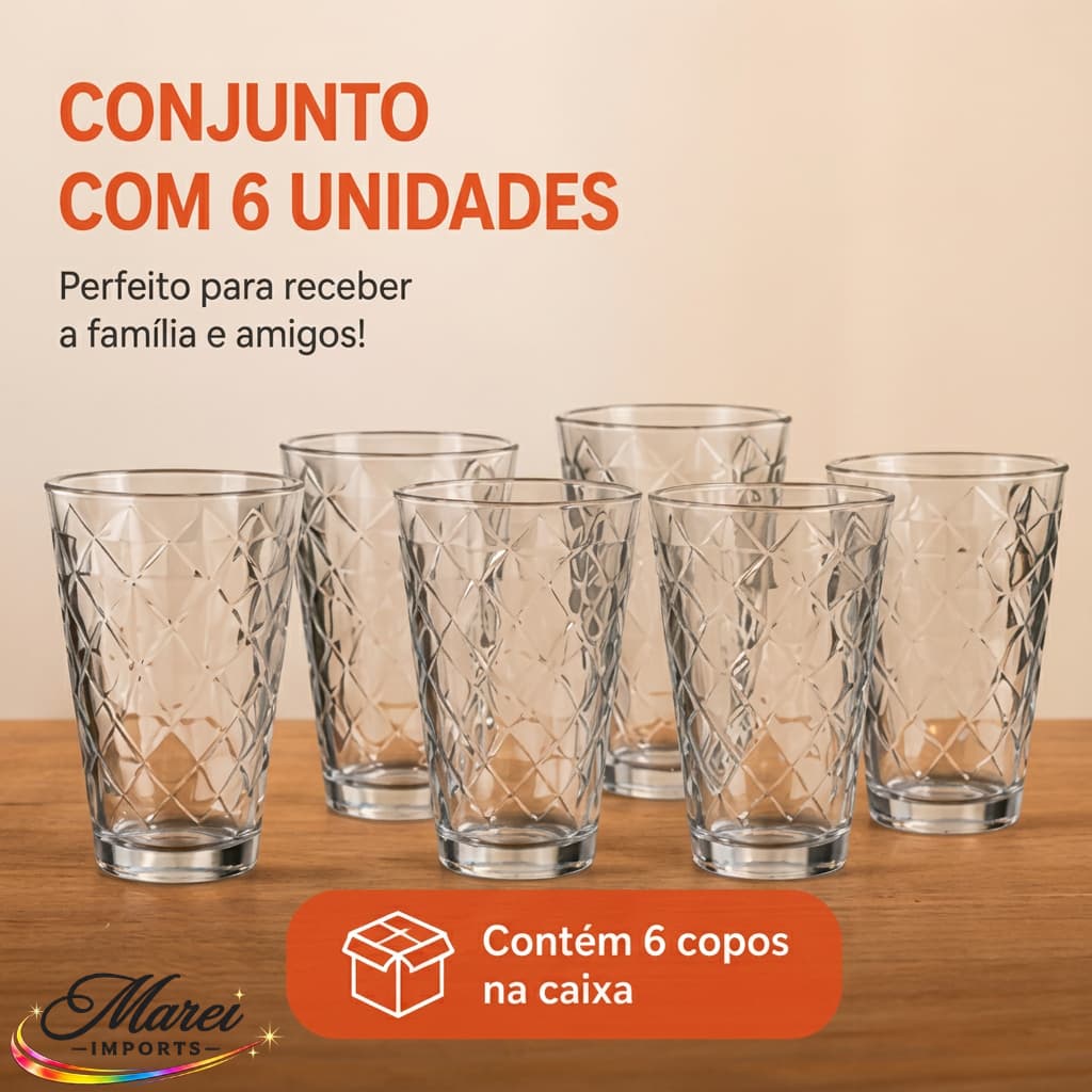 Jogo Kit 6 Copos 420ml De Vidro Transparente Altos Diamond Água Refrescos Drink Bebida Conjunto Luxo