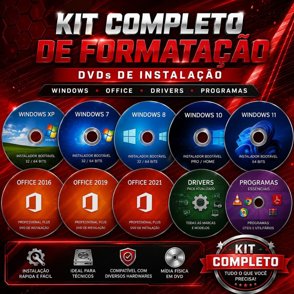 DVD Windows 11, 10, 8, 7 e XP | Kit Formatação | Pacote Office, Drivers e Programas