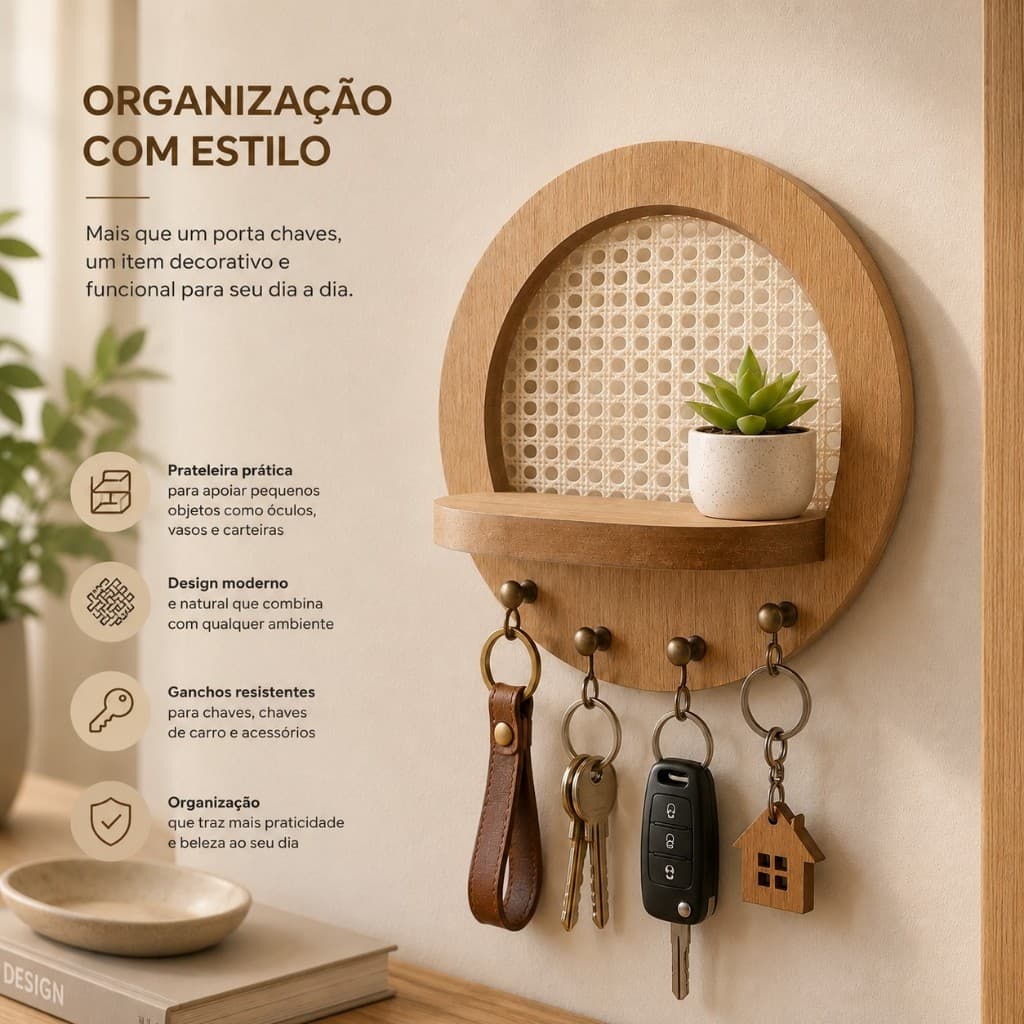 Porta Chaves em MDF Redondo com Palha Sintética: organização, estilo e personalidade única