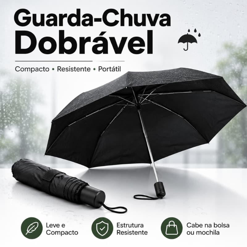 Guarda Chuva Dobrável Compacto Resistente Portátil Proteção Chuva Preto