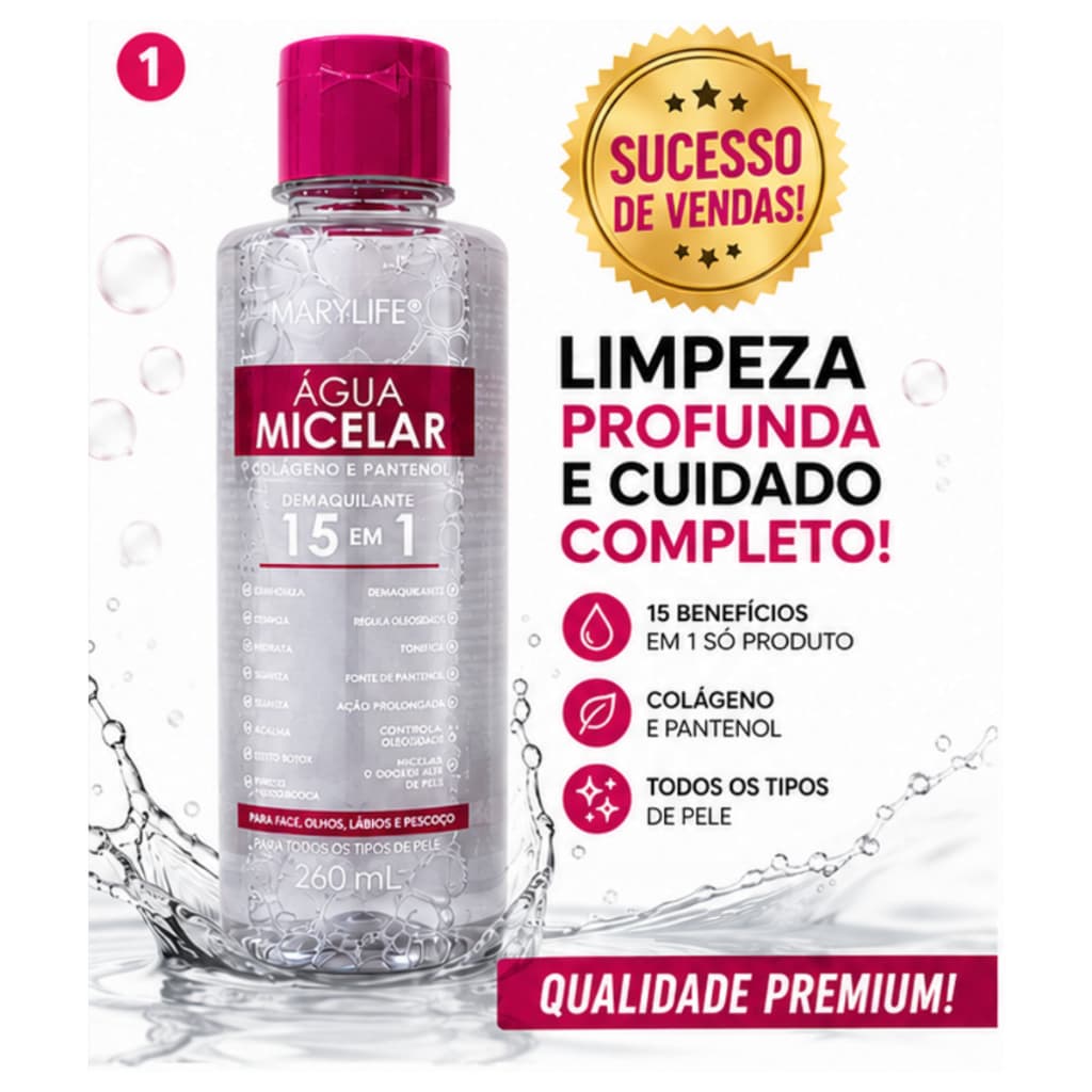 Kit  Água Micelar 15 em 1 Mary Life 260ml Remove Maquiagem Limpa Hidrata Colágeno  +   Demaquilante