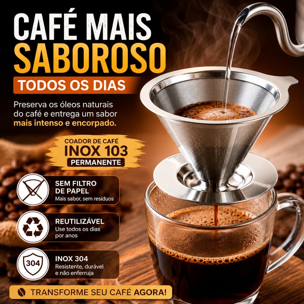 Coador de Café Inox 103 Permanente Aço Inoxidável Reutilizável Sem Filtro de Papel