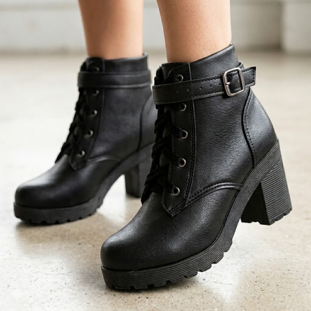 Bota Feminina Preta Fivela Bota Coturno Feminino Bota Cano Curto Salto Tratorada Ref. 20/150