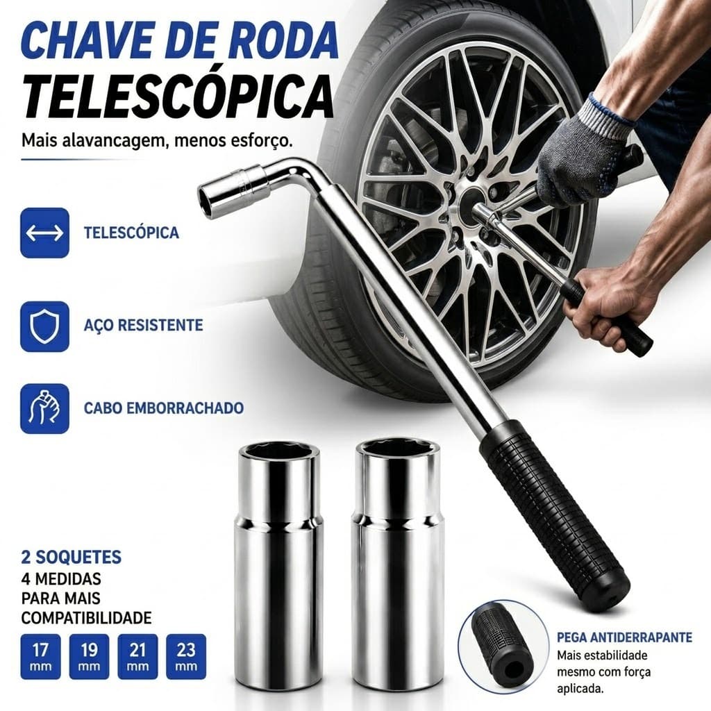 Chave de Roda L Telescópica 17-23mm - Soquete Duplo com Cabo Extensível Profissional