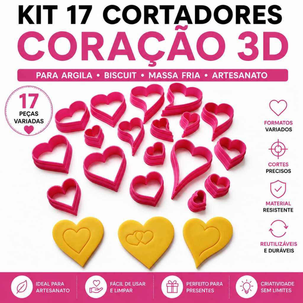 Kit 17 Cortadores Coração 3D para Biscuit e Argila | Moldes Corações Artesanato | Cortadores Massa Fria