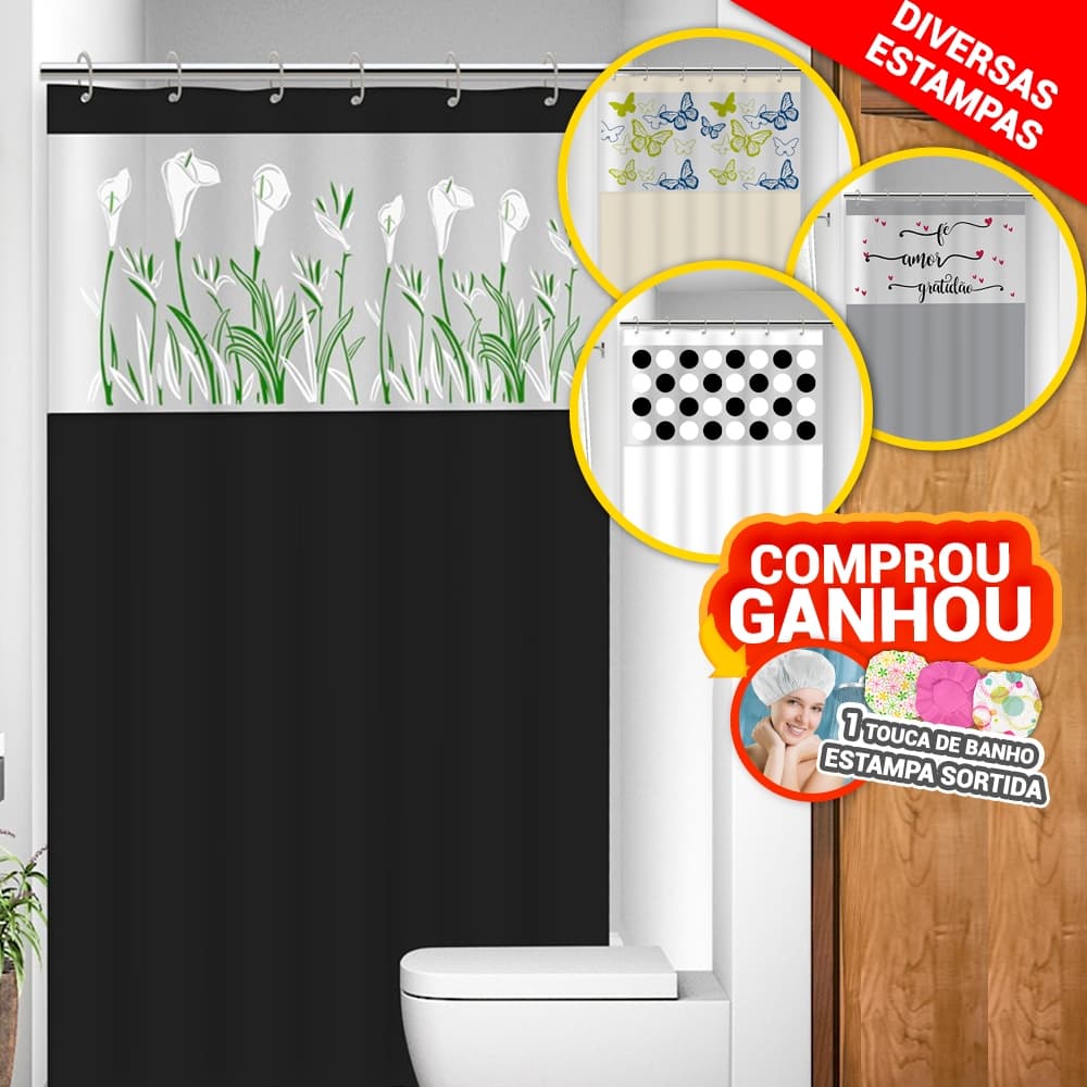 Cortina Box Com Visor Transparente Estampado Banheiro c/ Ganchos Antimofo Resistente Alta Qualidade