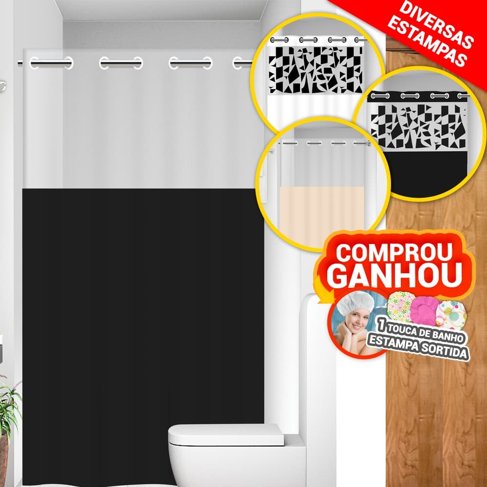 Cortina Box com Visor Transparente P/ Banheiro Ilhós PVC Anti Mofo Resistente Lisa / Estampada