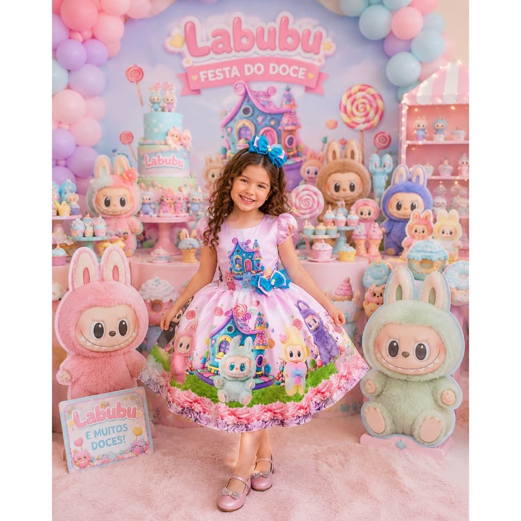 Vestido Labubu Pelúcia Festa dos Doces Aniversário de 4 a 12 anos com Laço de Cabelo