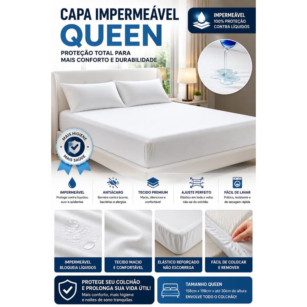 Capa Impermeavel Protetor Colchao Queen Ajuste Elástico Branco Conforto