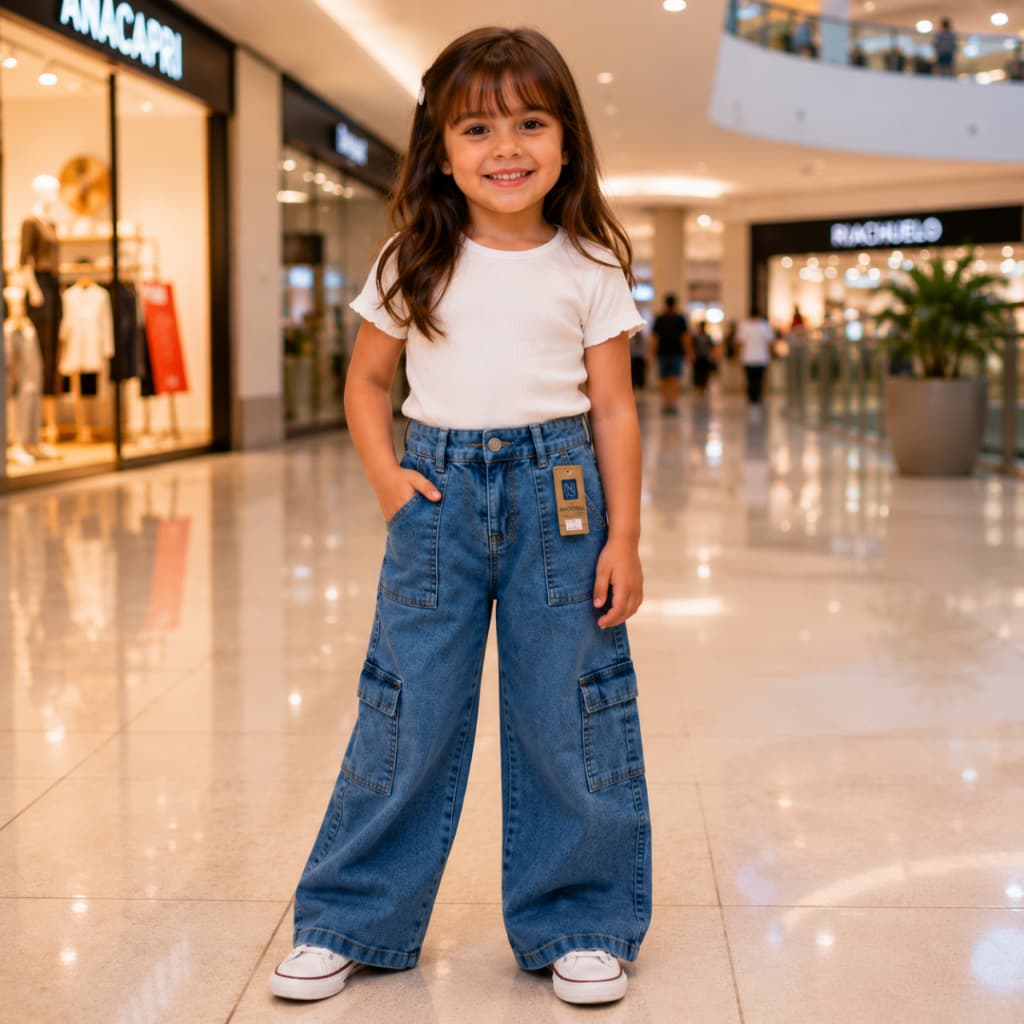 Calça Jeans Cargo Wide Leg Infantil Juvenil Feminina Moda Blogueira 4 Ao 8 Anos