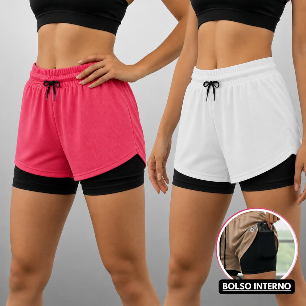 Kit 2 Shorts 2 Em 1 Feminino Esportivo Com Forro De Compressão Dry Fit Treino