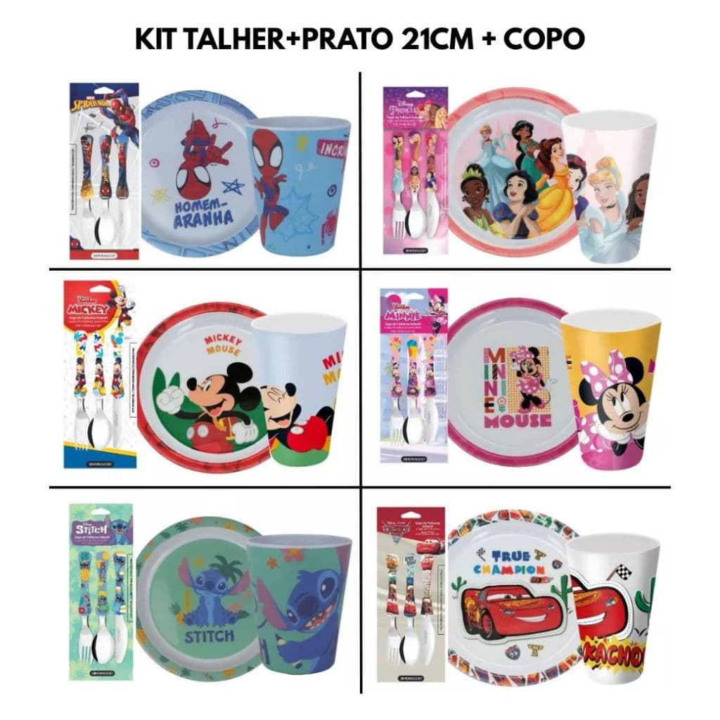 Kit Prato 21cm + Talher + Copo Infantil Personagens  Disney BPA Free Disney Homem Aranha Princesas Carros