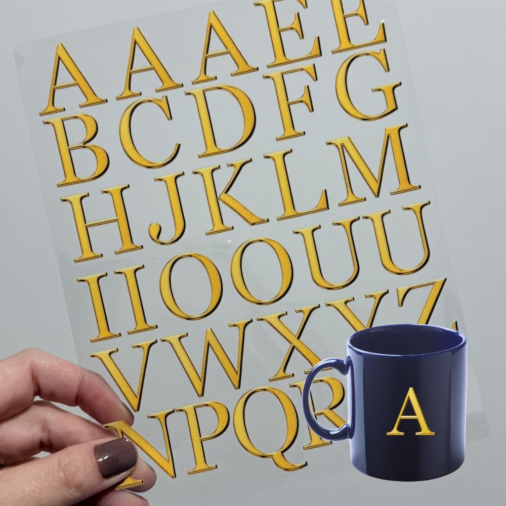 Adesivo DTF UV Letras Dourado 2,5cm Monograma Decorativo Permanente e Impermeável Para Copos, Porcelanas e Decoração