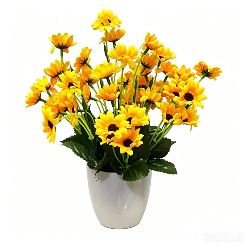 Buquê de botões girassol artificial com vaso de madeira altura 30cm