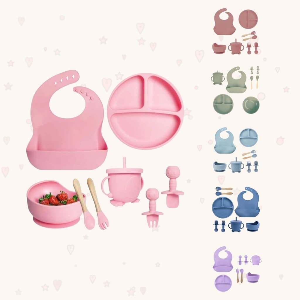 Kit Bebê Alimentação Silicone Prato Papinha Copo Colher Garfo Babador Infantil Introdução Criança