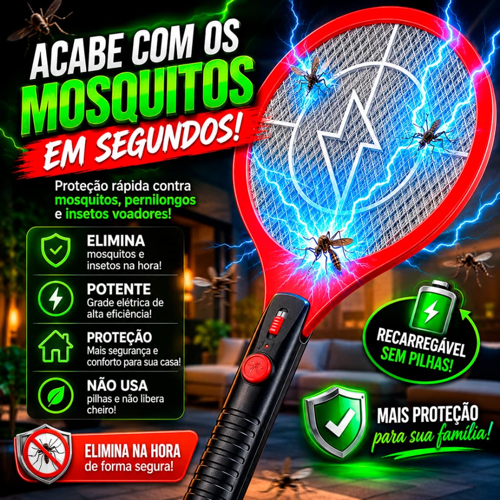 Raquete Elétrica Mata Mosquito Recarregável Bivolt Anti Dengue Mata Insetos Com LED