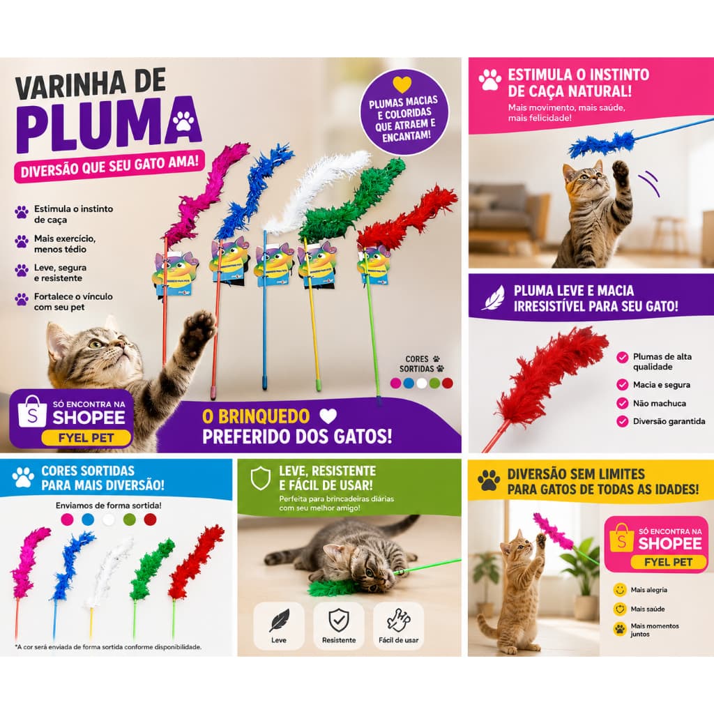 Brinquedo para Gato | Varinha de Gato | Varinha com Pena e Pluma | Brinquedo Varinha para Gato.